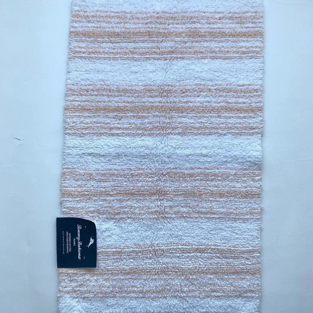 NWT Tommy Bahama Bath Mat Cotton Reversible striped White Rug
